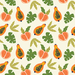 Tropical seamless pattern. Bright illustration-style background, texture with papaya, grapefruit, and leaves. Flat vector illustration.