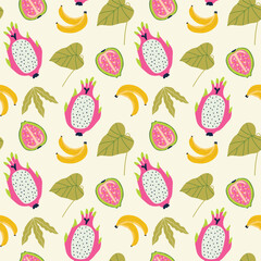 Tropical fruit seamless pattern. Bright illustration-style background, texture with pitaya, guava, and bananas. Flat vector illustration.