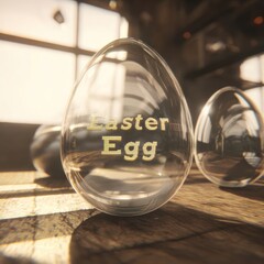 Transparent easter egg with text on wooden surface and soft lighting