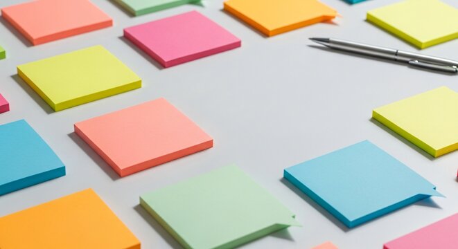 Vibrant Sticky Notes and Pen on Grey for Ideas and Planning perfect for website banner, blog post header, presentation slide, social media graphic,