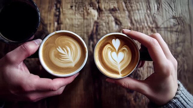 A closeup shot of two hands holding cups of coffee on a rustic wooden table. The cups are filled with latte art, featuring intricate patterns of heart and leaf designs.