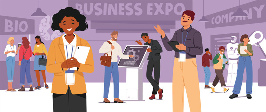 Business exhibition and trade show for professional gatherings cartoon scene with businesspeople