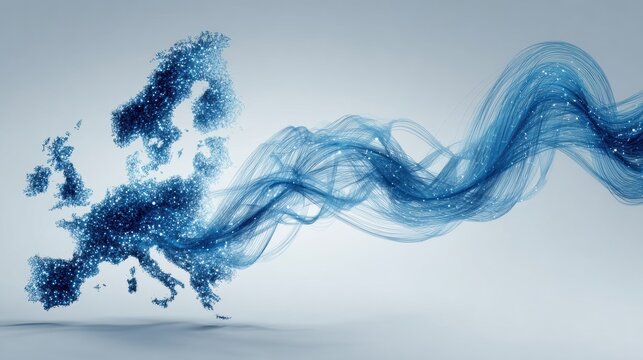 Data Ribbons Flow Over the Silhouette of Europe, Showcasing Connectivity and Digital Movement in Calm Blue Shades