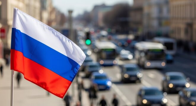 Russian flag waving on a pole with a blurred city street and moving cars background on a sunny day for national holidays. - Powered by Adobe