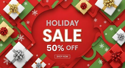 Modern Christmas sale poster, red and green geometric background, Christmas gifts and snowflakes, bold typography ‘Holiday Sale 50% Off’