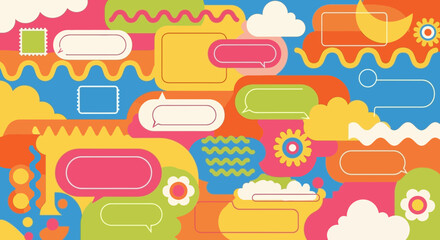 Colorful Retro Abstract Vector Illustration with speech bubble and flower patterns