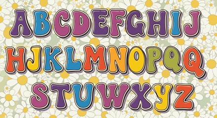 Retro Groovy Alphabet with Floral Background, Vibrant Psychedelic Typography
