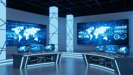 Dynamic broadcast studio set ready for global news, ideal for professional presentations and media production with modern tech and vibrant blue ambiance