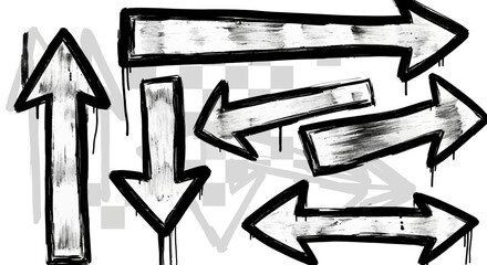 Hand-Drawn Arrow Set in Black and White with Drips, Pointing in Various Directions