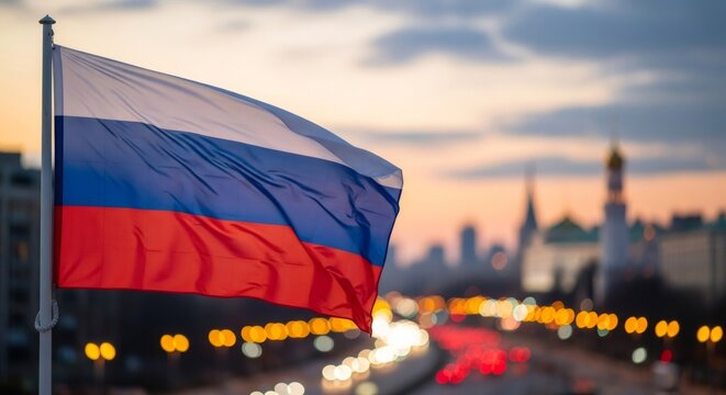 Russian flag waving proudly against a vibrant sunset over a city skyline with blurred bokeh lights, symbolizing national pride and patriotism.