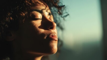 A tranquil moment as a woman with curly hair basks in soft sunlight, her face radiating calm and mindfulness. The gentle glow emphasizes her peaceful mood and connection with nature