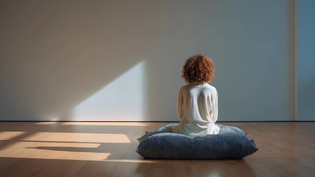 A solitary woman in white clothing meditates on a cushion in a spacious, minimalist room with wooden floors and gentle sunlight. The serene setting evokes mindfulness, calm, and inner reflection