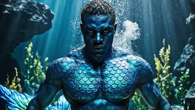  Powerful merman warrior on ocean floor, muscular male with shimmering blue scales and tail, standing among seaweed and rocks under sunbeams and bubbles