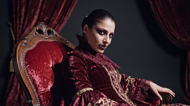 Female cosplayer portraying vampire countess in Victorian costume, reclining on red velvet armchair, showing fangs and dramatic gothic makeup, indoor studio with drapes