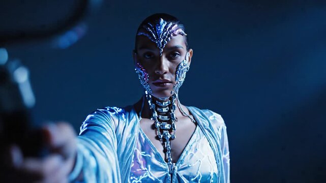  Cyborg woman reaching toward camera in dark studio, wearing face implants and biomechanical neck components, engaging with interface for scanning and human‑machine communication