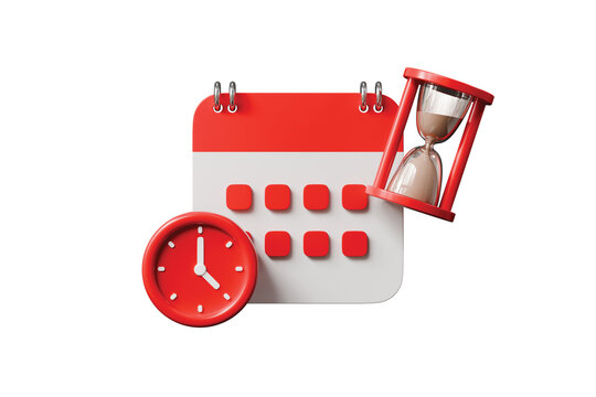 3d calendar with clock and hourglass icon. deadline planning concept. Minimal cartoon schedule planner reminder timer for app banner. isolated on white background. 3d render. - Powered by Adobe
