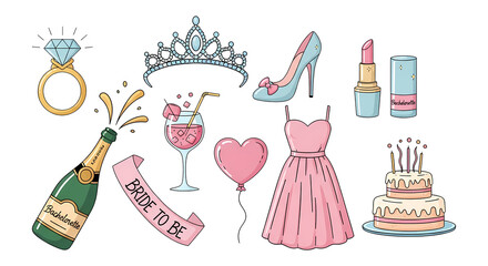 Bachelorette icon png set. whimsical sketch doodle illustration for sticker, party, beauty blog with wine champagne, cocktail, pink hearts, dress and other element . Love theme image