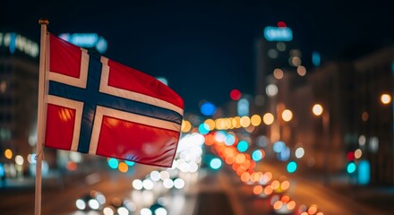 Flag of Norway waving proudly at night with bokeh city lights in background. National symbol for Independence Day celebration or travel.
