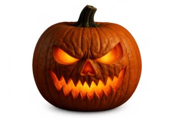 Jack-o'-lantern pumpkin glowing with an evil face, creating a spooky halloween decoration on transparent background