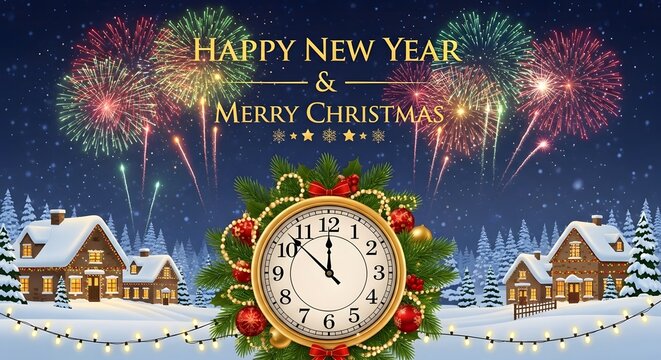 New Year and Christmas combined poster, clock striking midnight with Christmas decorations, fireworks in the sky, festive typography