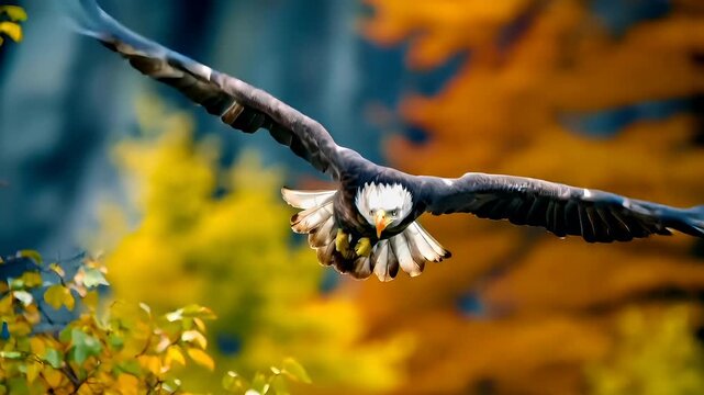 A vivid portrayal of a bald eagle in midflight against a backdrop of autumnal foliage. The eagles wings are spread wide, showcasing intricate feather patterns and a mix of dark and light shades.