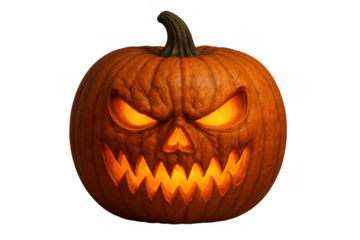 Jack-o'-lantern with menacing glowing face carving for halloween decorating on a transparent background
