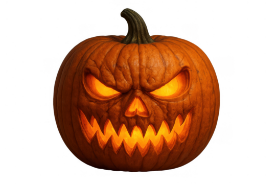 Jack-o'-lantern with menacing glowing face carving for halloween decorating on a transparent background