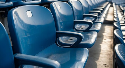 Row of vibrant blue stadium seats bathed in sunlight evokes anticipation and excitement for upcoming games, perfect for sports marketing campaigns