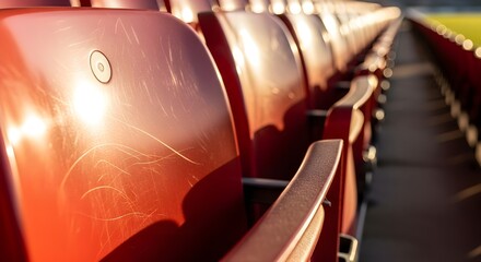 Empty red stadium seats bathed in warm sunlight create anticipation, perfect for sports, entertainment, or event promotion with a sense of place
