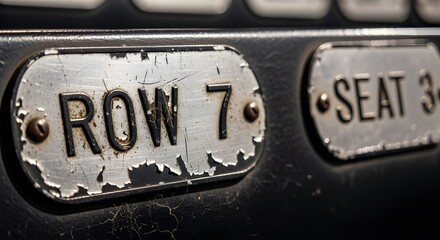 Vintage charm shines through in this close-up of weathered row and seat number tags, perfect for a retro or industrial design concept