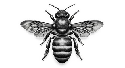 Detailed black and white illustration of a bee with visible wings and segmented body, viewed from above.