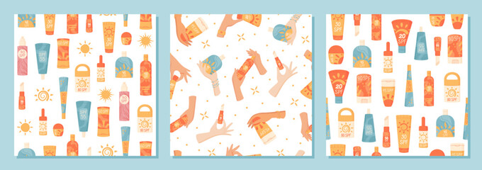 Obraz premium Flat seamless pattern of sunscreen bottle, stick and spray in tube shape. Sun cream with spf and lotion set, hand hold bottle product for skin care. Modern cosmetic collection for summer protection.