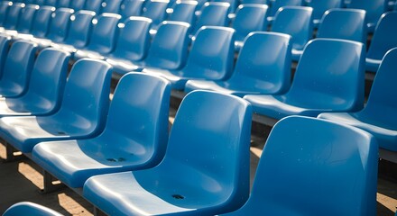 Naklejka premium Bright blue stadium seats bathed in warm sunlight, ready for spectators anticipating thrilling events and memorable experiences