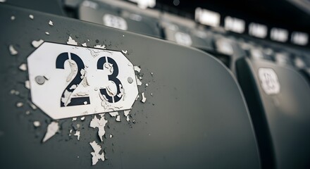 Peeling paint on weathered stadium seat number twenty three offers vintage grunge aesthetic for sports or event themes