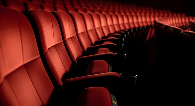 Luxurious red cinema seats bathed in dramatic spotlight, creating an inviting atmosphere for an unforgettable movie experience