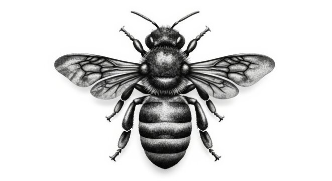 Detailed black and white illustration of a bee with visible wings and segmented body, viewed from above.