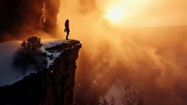 A vivid, atmospheric digital artwork portraying a solitary figure standing atop a snowy mountain peak. The scene is bathed in a warm, golden hue, suggesting either a sunrise or sunset.
