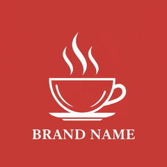 Elegant coffee cup logo design with steam and brand name on red background.