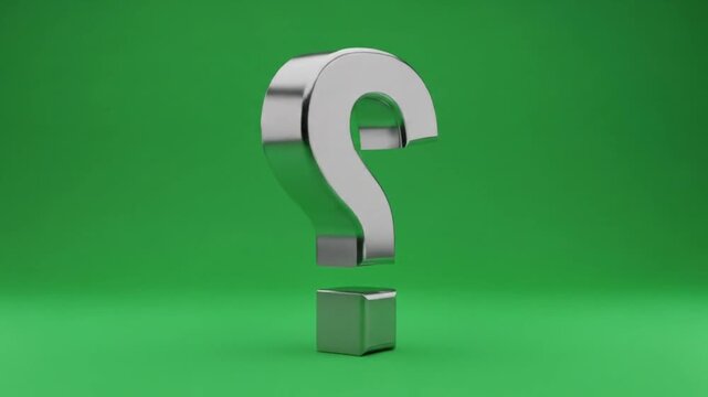 Discover the silver question mark rotating on a vibrant green screen background, perfect for intros, outros, or educational content about decisions