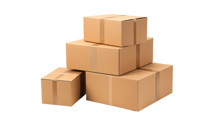 Obraz premium Stack of four brown cardboard boxes isolated on transparent background, stacked in a pyramid shape, ready for shipping and moving, shot in studio