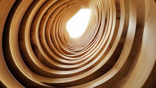 Abstract Tunnel of Wood: A mesmerizing perspective of a tunnel crafted from warm wood, its layered, circular design leading the eye toward an inviting light.