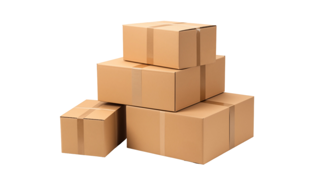 Stack of four brown cardboard boxes isolated on transparent background, stacked in a pyramid shape, ready for shipping and moving, shot in studio - Powered by Adobe