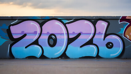 Colorful graffiti art displaying the year 2026 on a city wall.