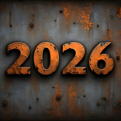 Rusty 2026 year number on weathered metal industrial background