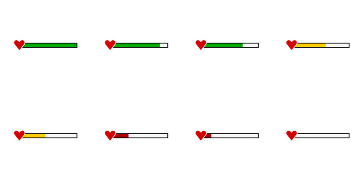 Sprite Sheet of a Draining Health Bar Icon Set with Green, Yellow and Red Steps and Heart for Game UI Animation. Vector Image.