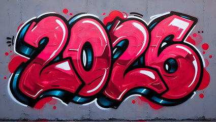 Vibrant red 2026 graffiti on an urban concrete wall surface