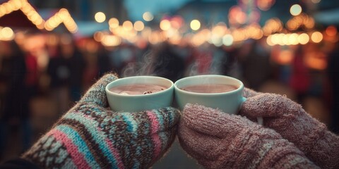 Two hands in knitted mittens holding mugs of hot cocoa with festive patterns, steam rising in front of blurred Christmas market lights. Warmth and comfort in a holiday crowd.