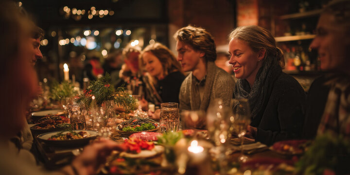 Large group of people gathered around a long festive table in warm restaurant lighting. Celebrating Christmas with friends or coworkers, sharing food, laughter, and connection.