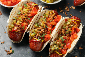 Taco Hot Dog with sausage, pickles, tomatoes and crispy fried onions