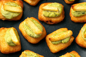 British Mini Fish and chips with mashed peas. Party Snack Food